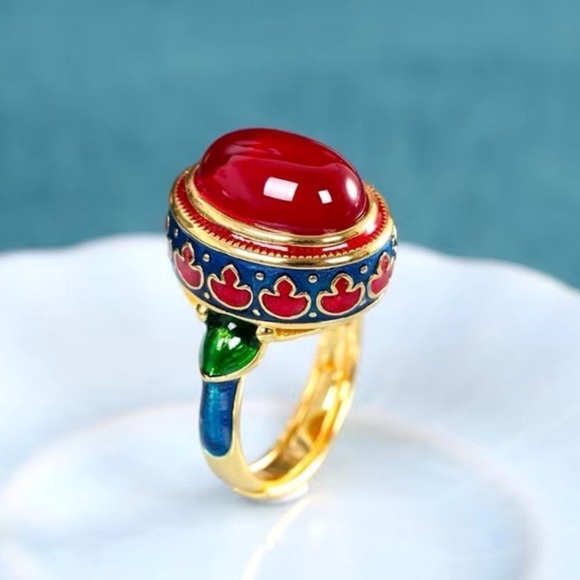 Anthropologie Jewelry - Anthropologie Ethnic Vintage Red Cabochon Enamel Ring